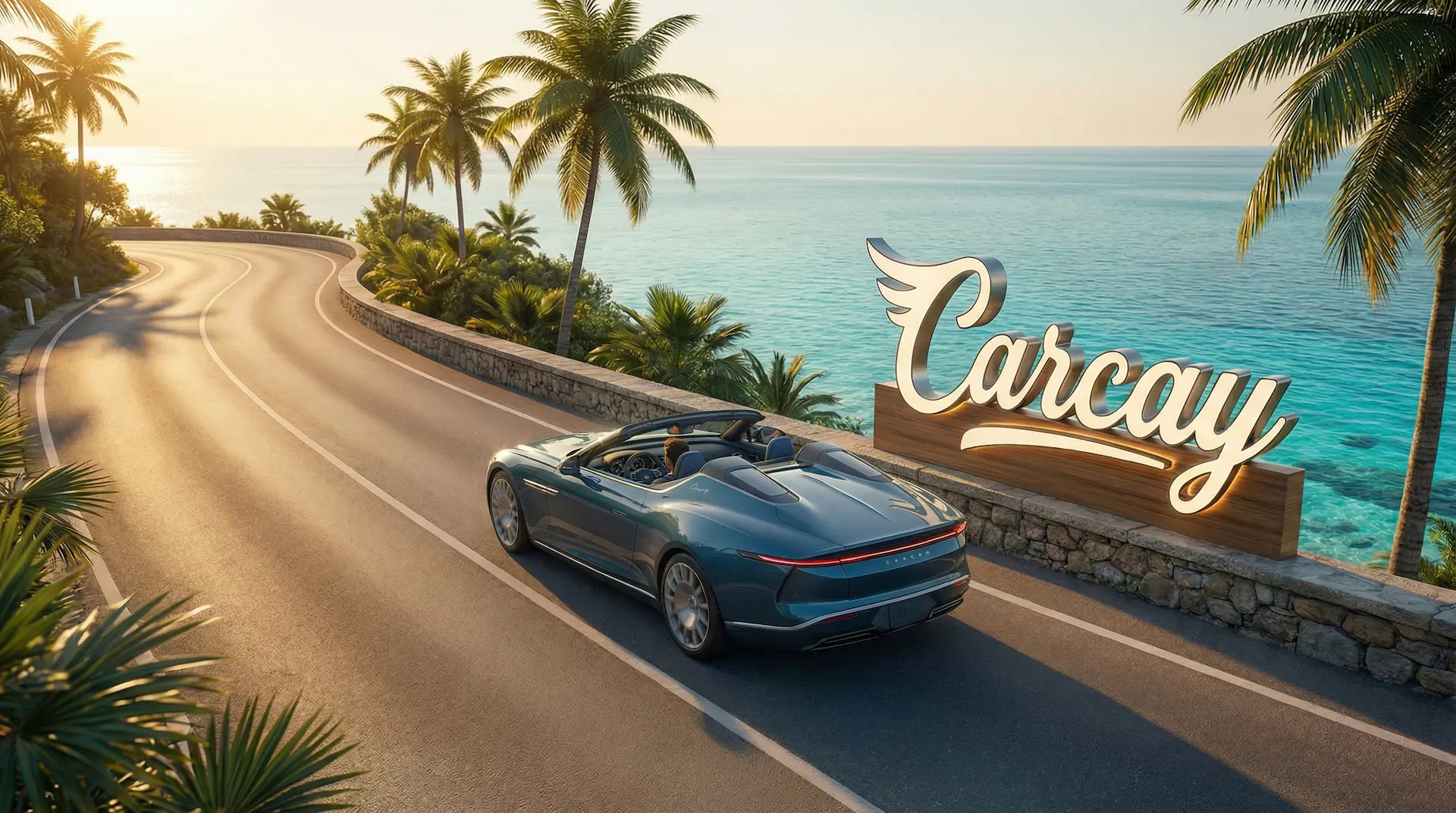 Premium car driving on a coastal road with stunning sunset views