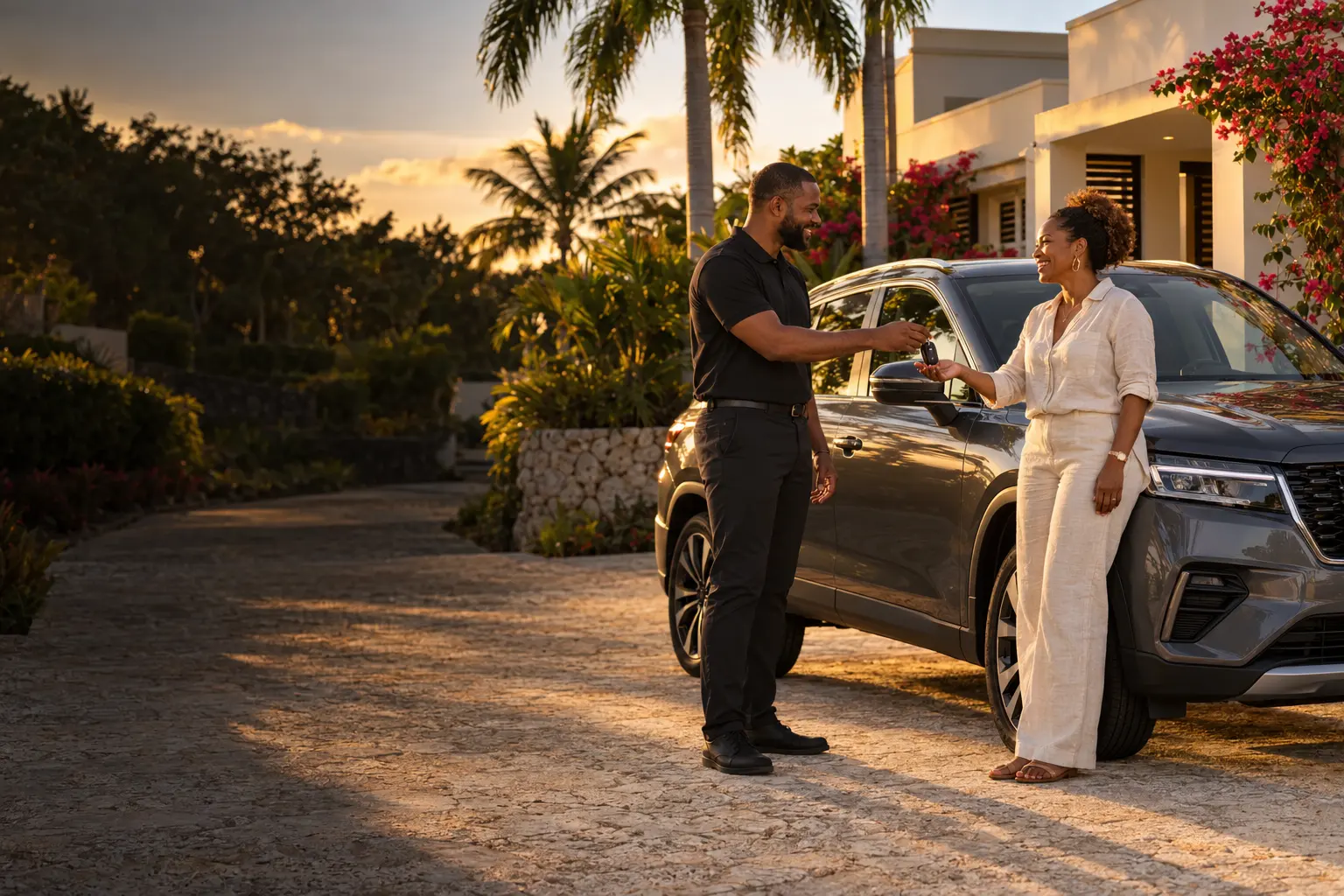 Representative doorstep handover of an imported SUV at a home in Barbados
