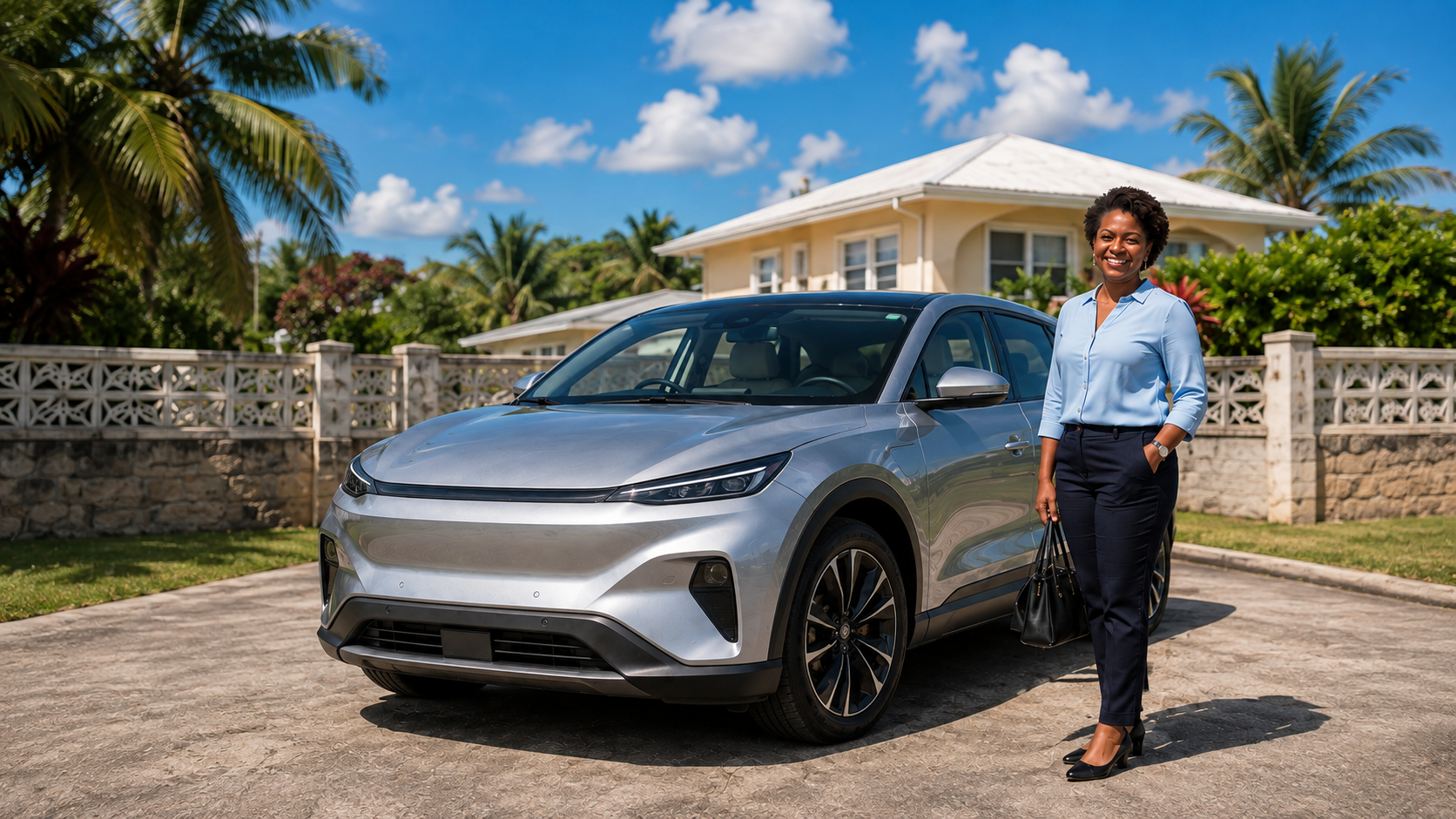 Illustrative scene of a Barbadian woman beside a silver electric SUV outside a home