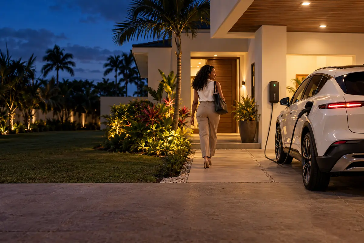 Representative scene of an electric SUV charging at a Barbadian home at dusk