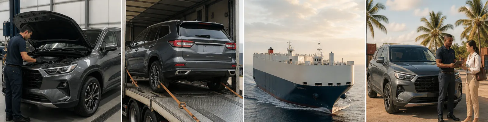 Representative sequence of vehicle inspection, secure loading, RoRo shipping and destination arrival