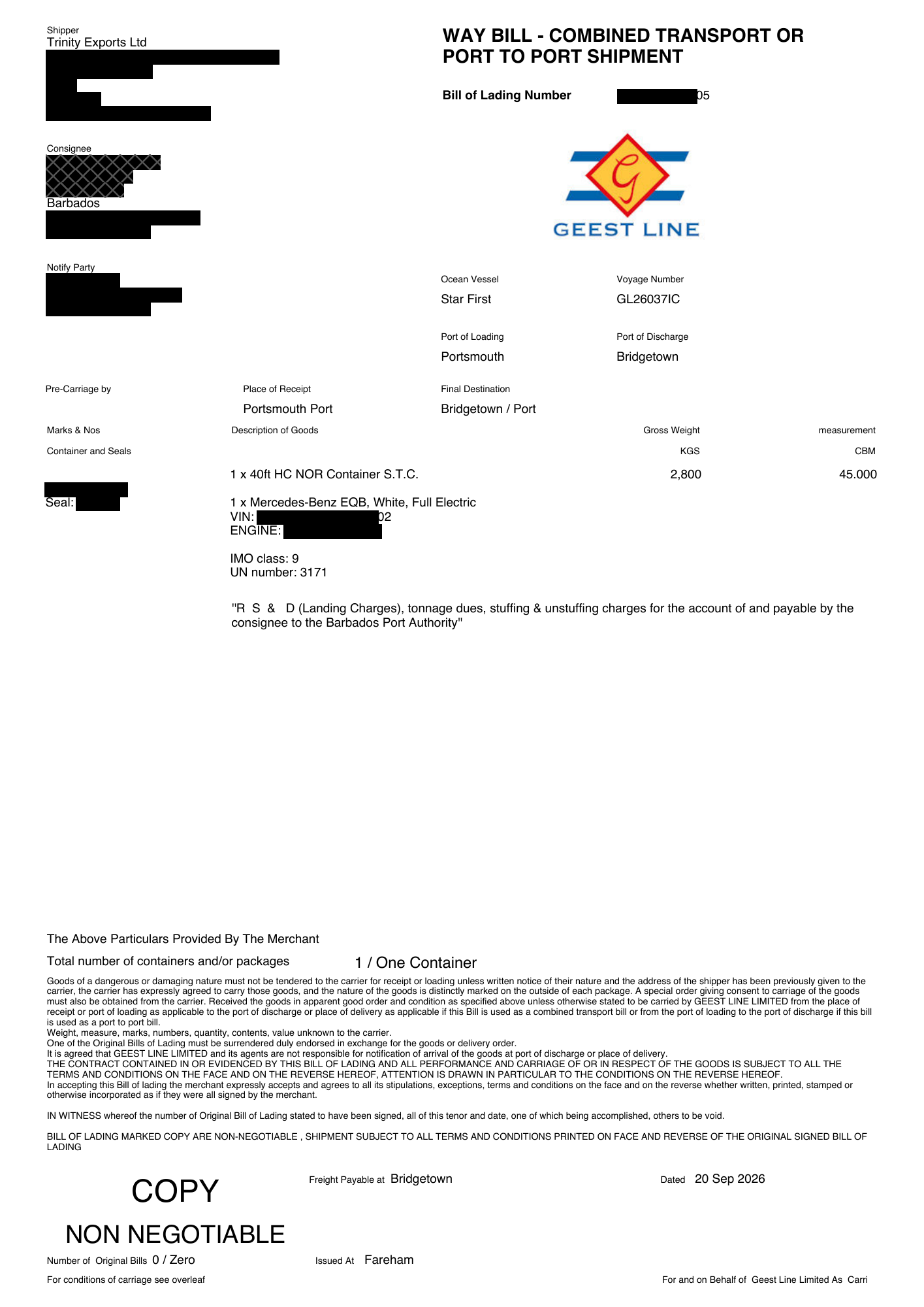 Redacted Geest Line waybill naming Trinity Exports Ltd, a white electric Mercedes-Benz EQB, Star First, Portsmouth and Bridgetown